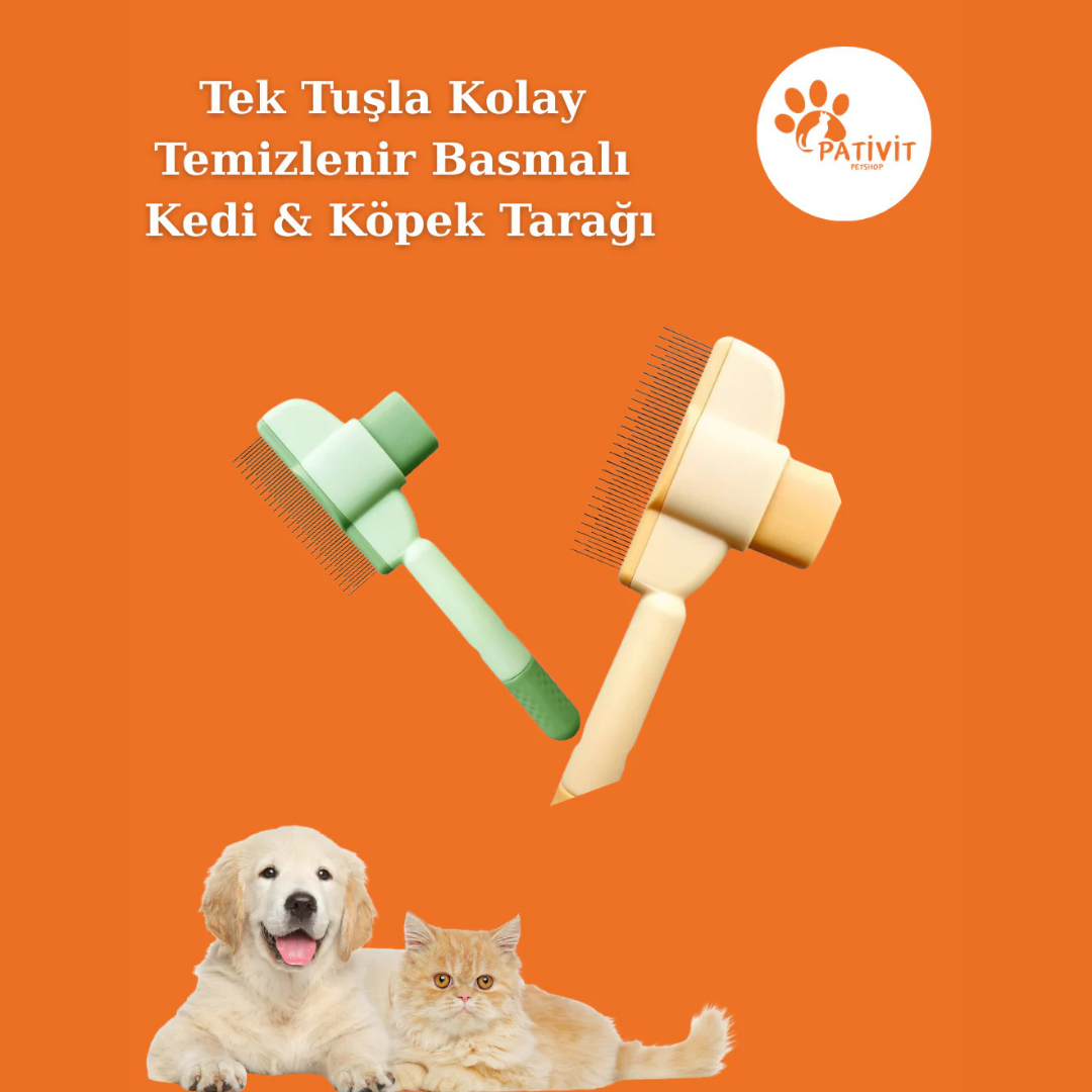 Tek Tuşla Kolay Temizlenir Basmalı Kedi Köpek Tarağı