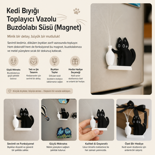 Kedi Bıyığı Toplayıcı Vazolu Buzdolabı Süsü (Cam Magnet)